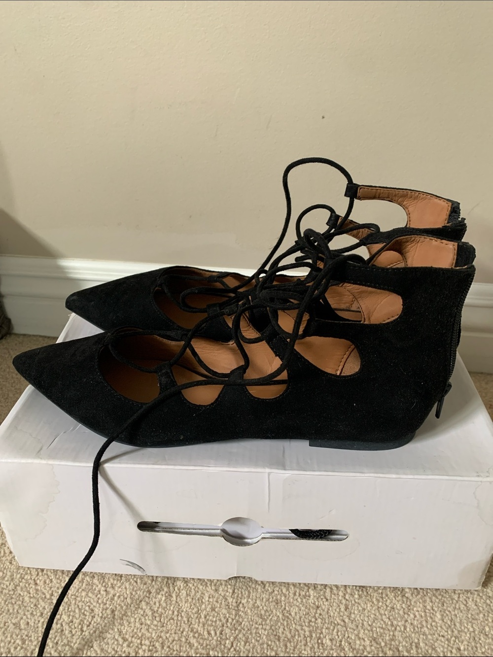 Aldo Black Suede Lace-Up Pointed Flats